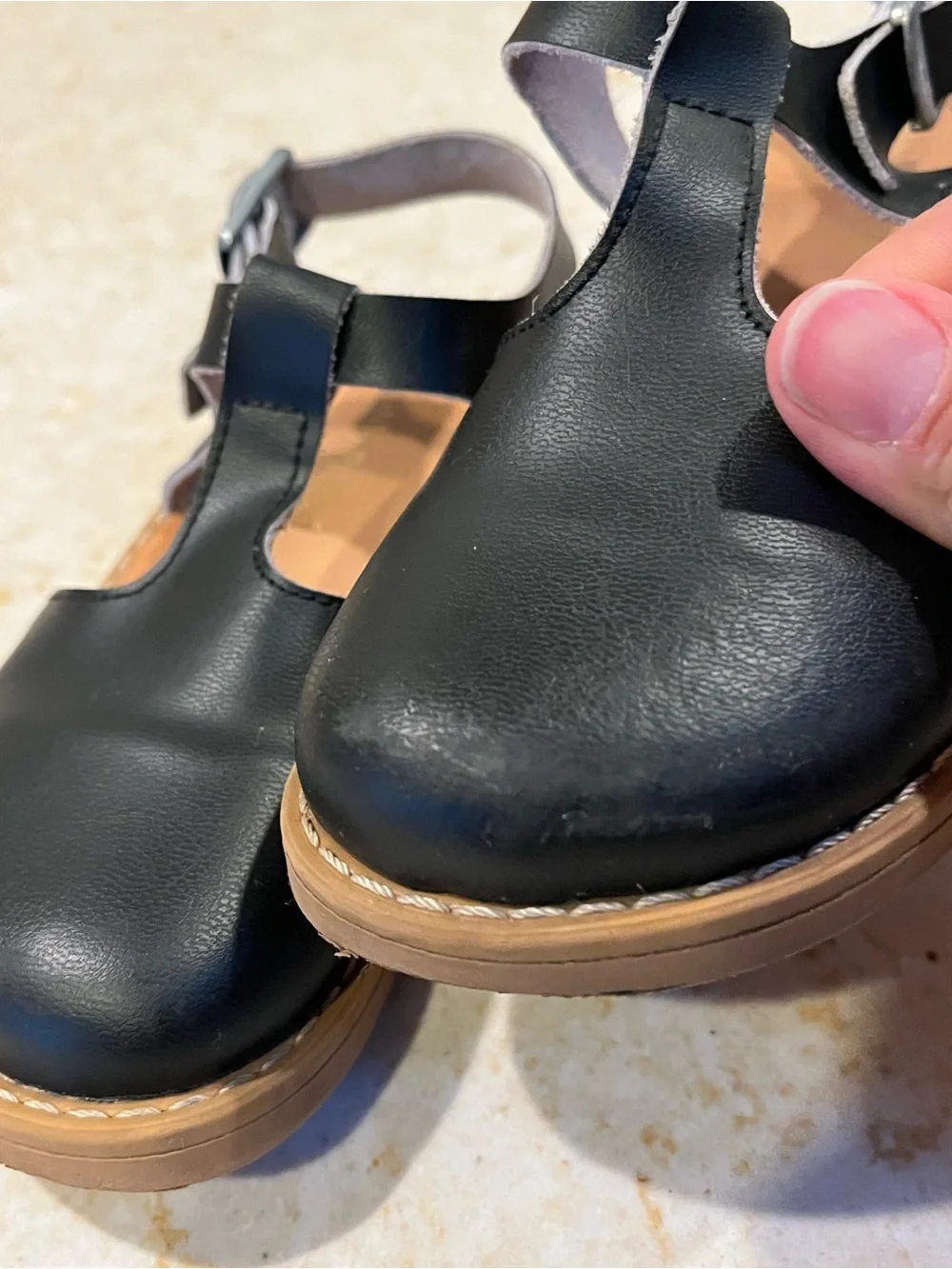 Kids Black T-Strap Leather Sandals